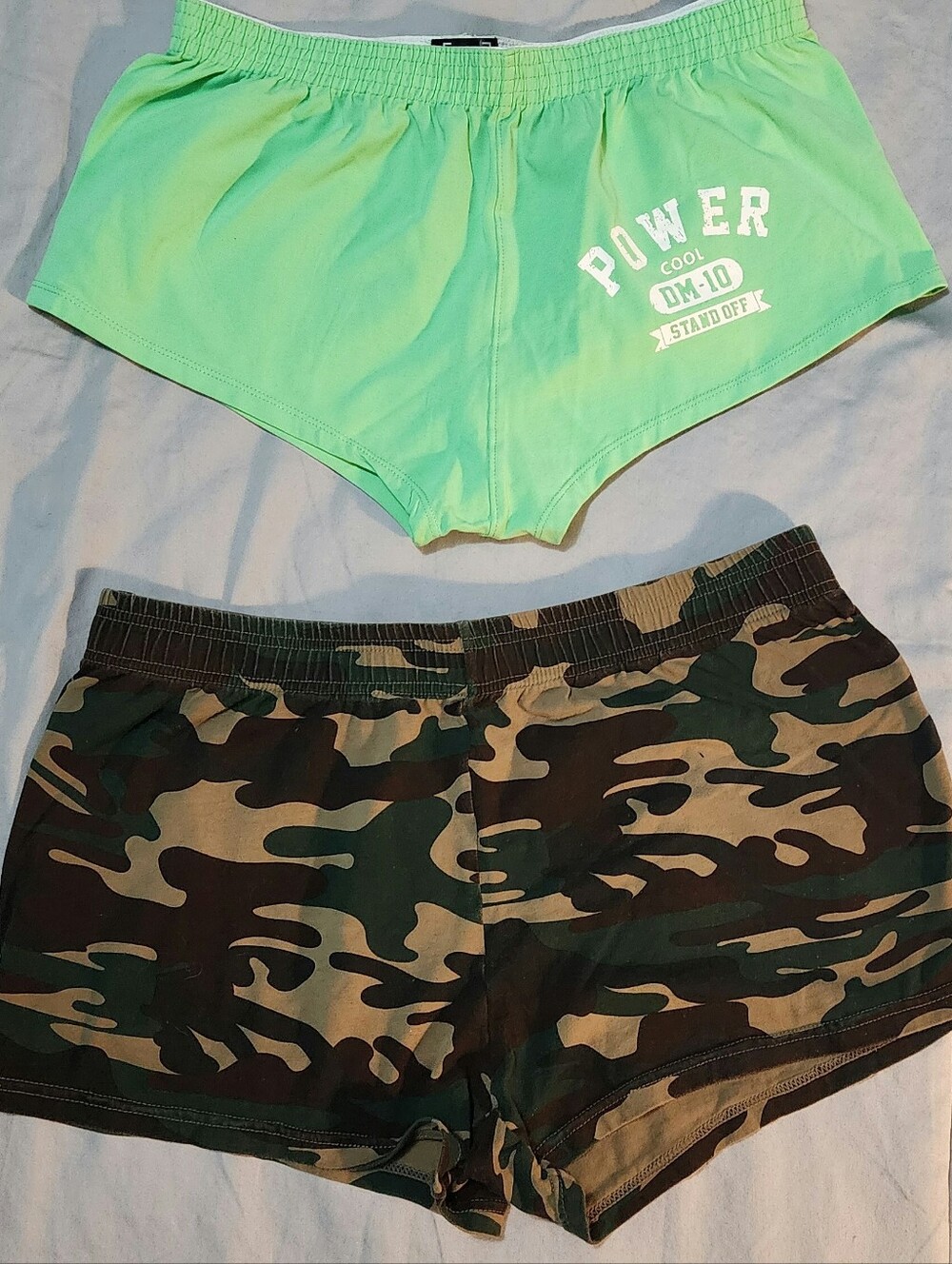 2  Pair Shorts, 1Neon Green "POWER" Lounge Shorts +  1 Camo Print Cotton Shorts